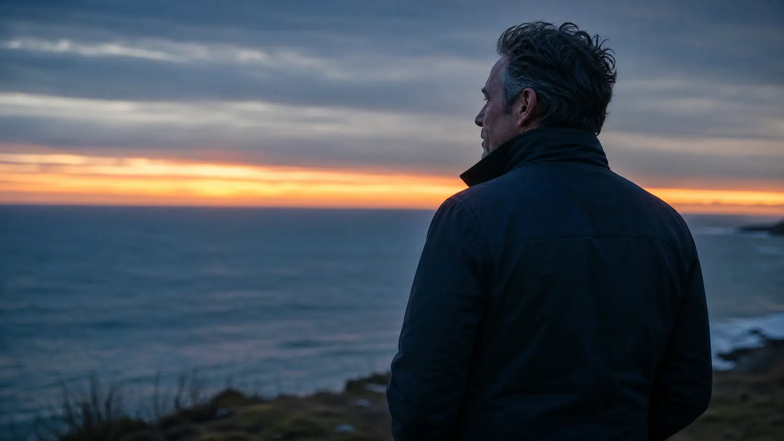 A man stands alone on a clifftop at first light, collar up, posture upright and composed, looking out at the dawn horizon.