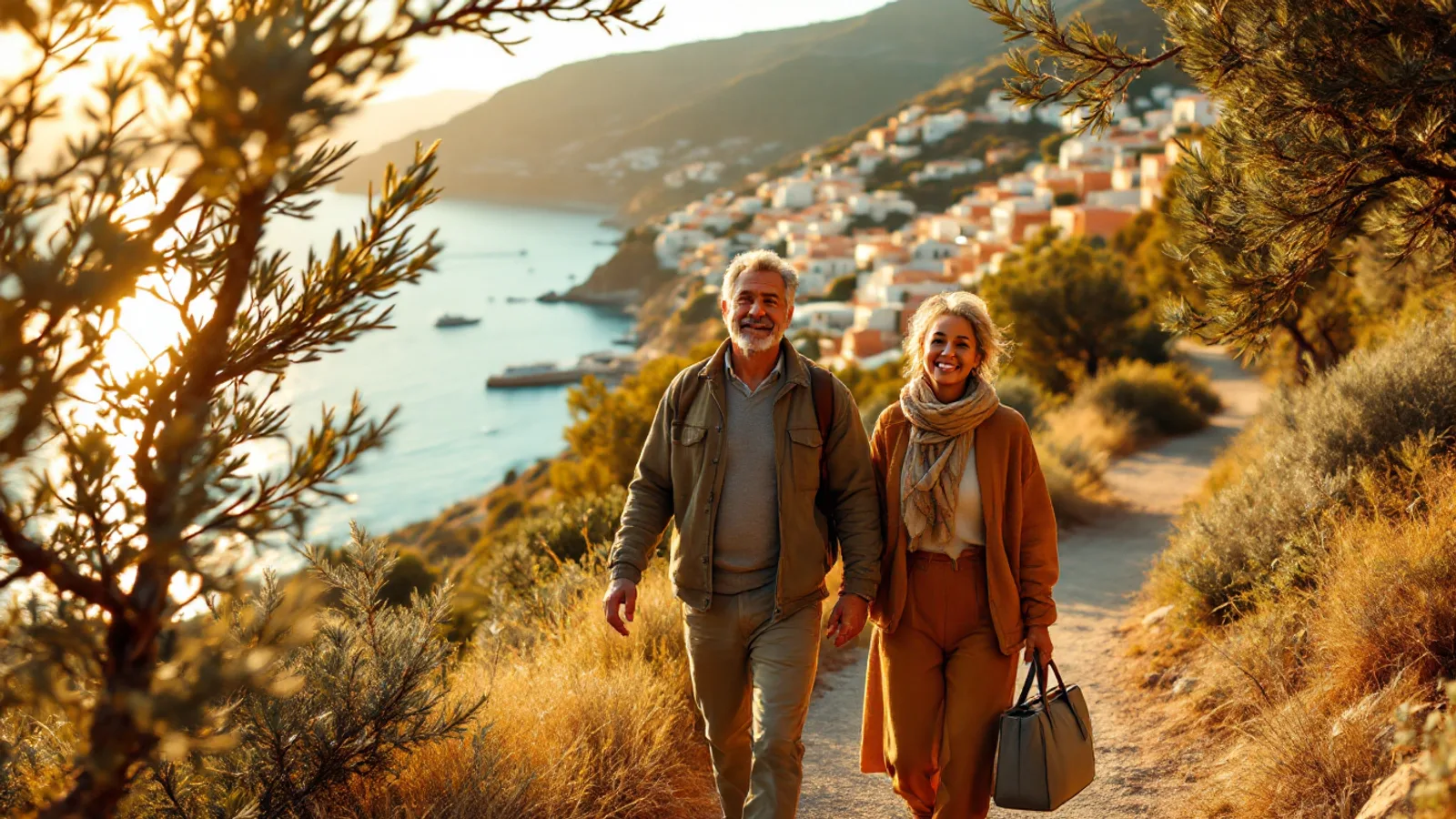 A smiling couple in their fifties walks with a travel bag along a coastal path above a sunlit bay and a hillside town.