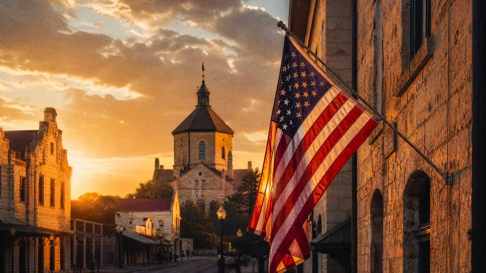 American flag flying over Main Street in Fredericksburg, Texas, with the historic German Vereinskirche in the background at sunset.