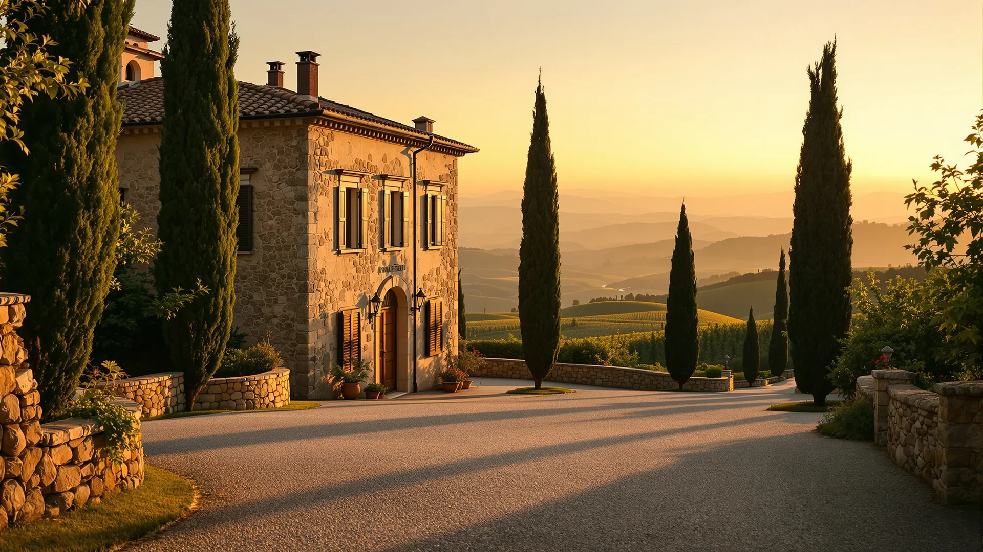 A shuttered stone villa on a Tuscan hillside at dusk, cypress trees lining the empty gravel drive, warm fading light, no people.