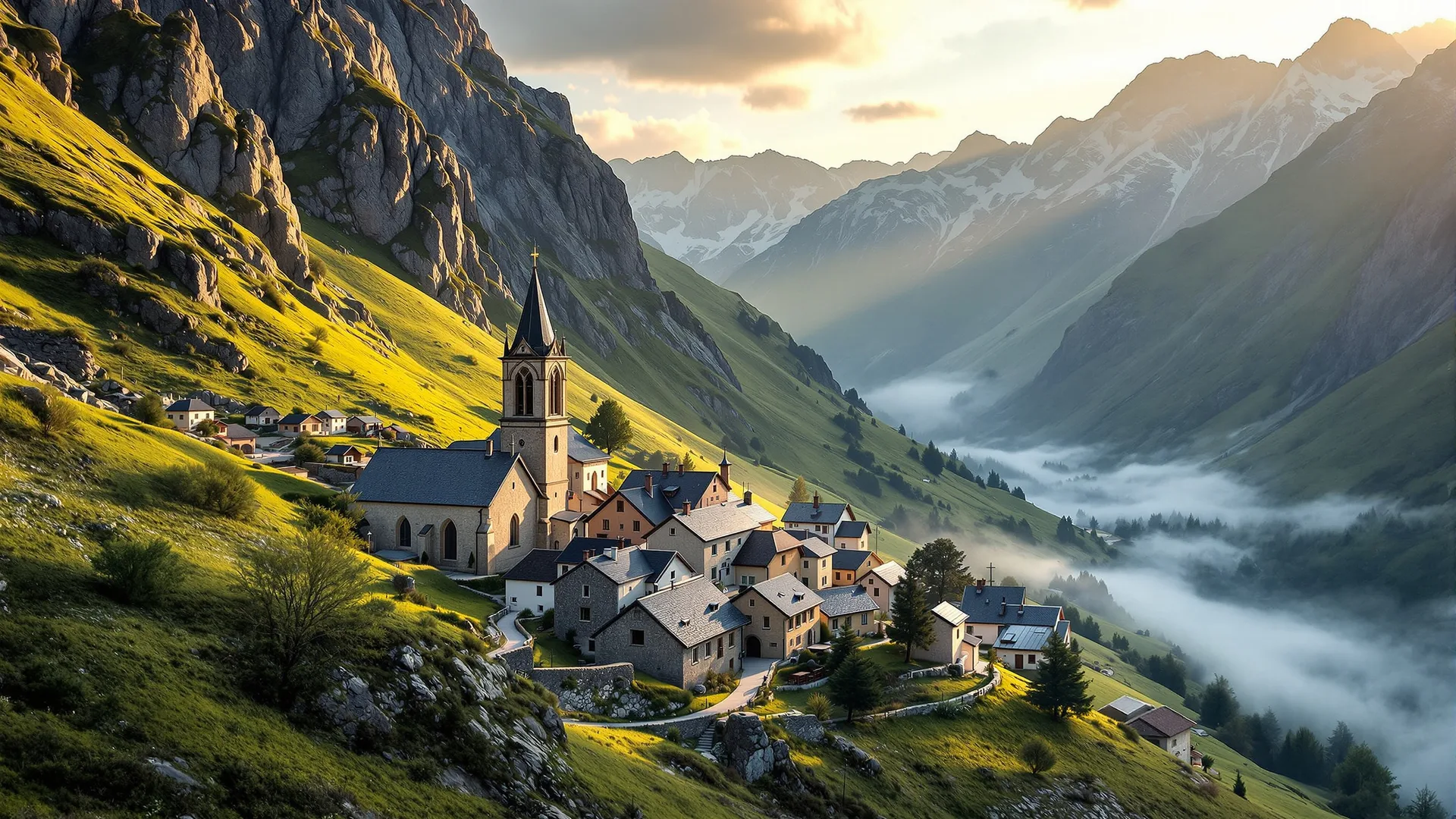 Stone houses and church tower of an Andorran mountain village in the Pyrenees at dawn