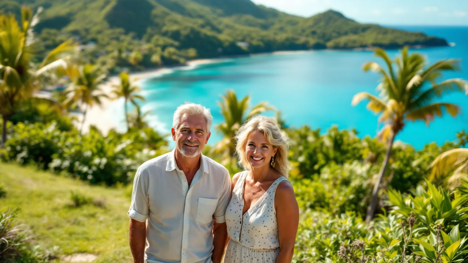 A man and a woman in their late forties smile at the camera on a green hillside above a turquoise Caribbean bay.