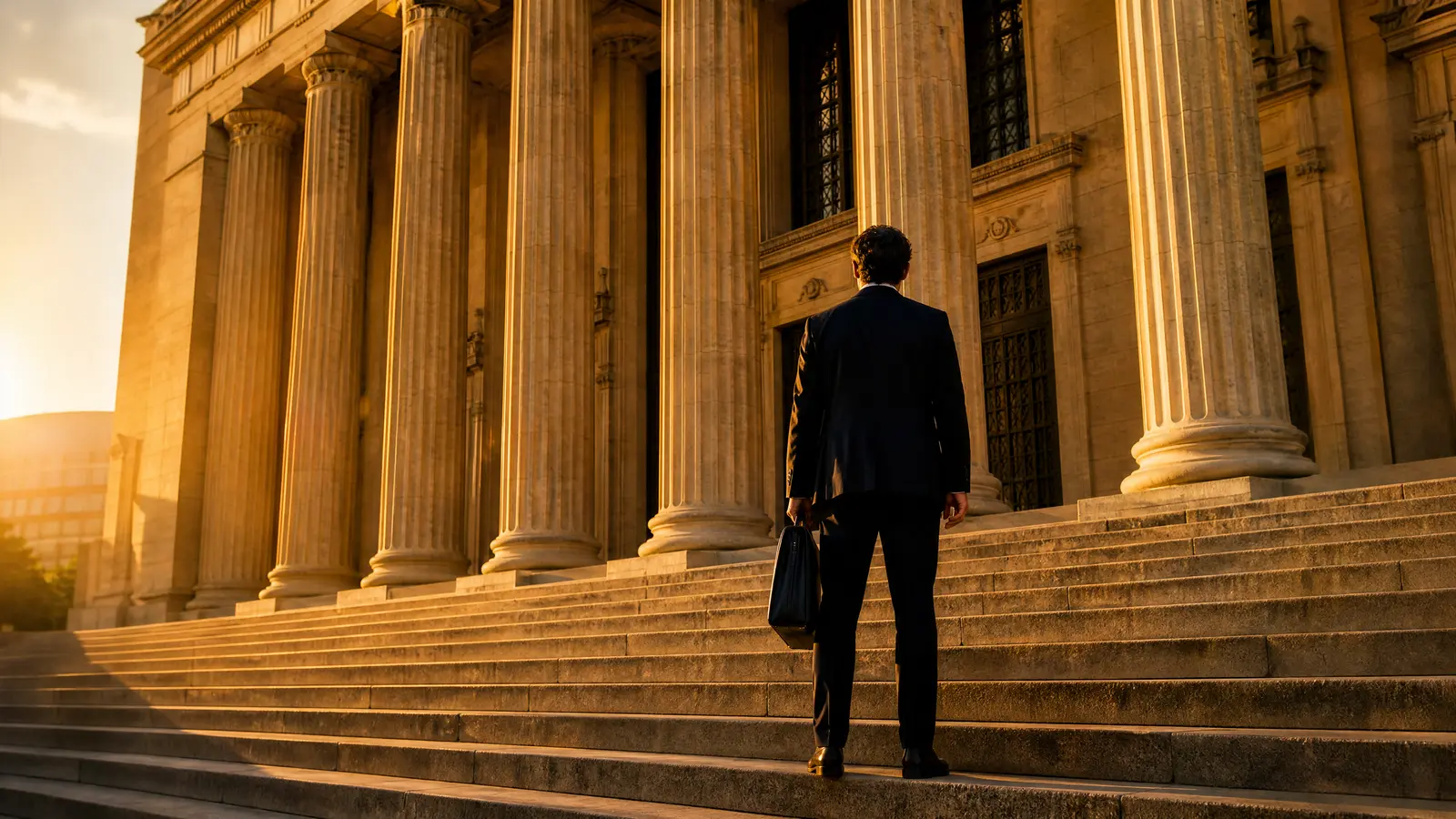 Man standing before the Argentine federal courthouse in Buenos Aires at sunset.
