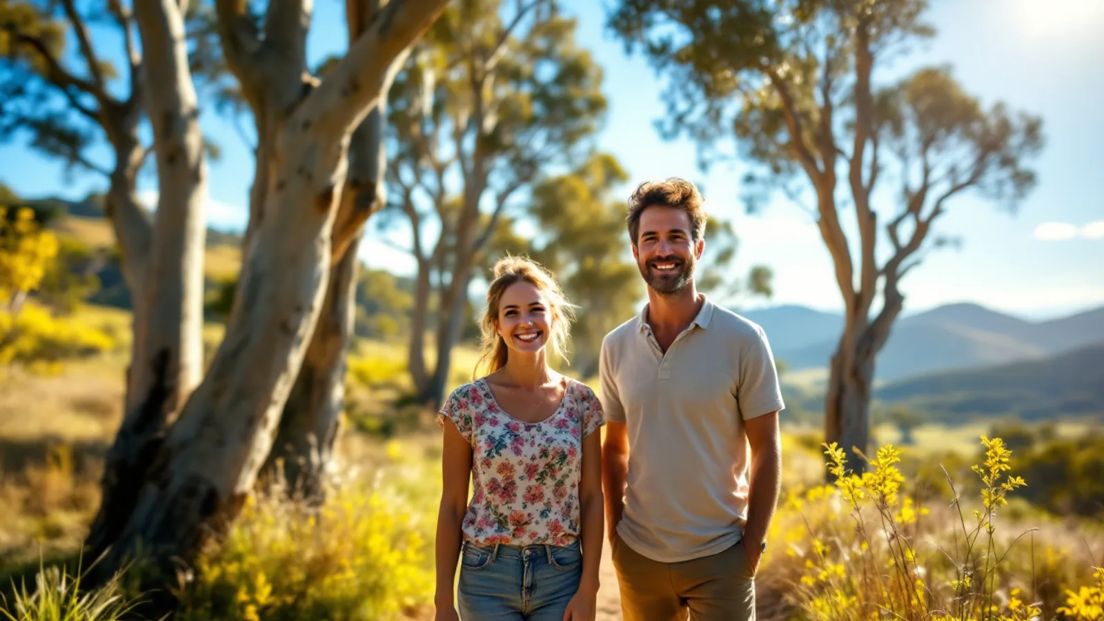 A woman and a man smile at the camera on a sunlit bush track among tall eucalyptus trees and golden wattle.