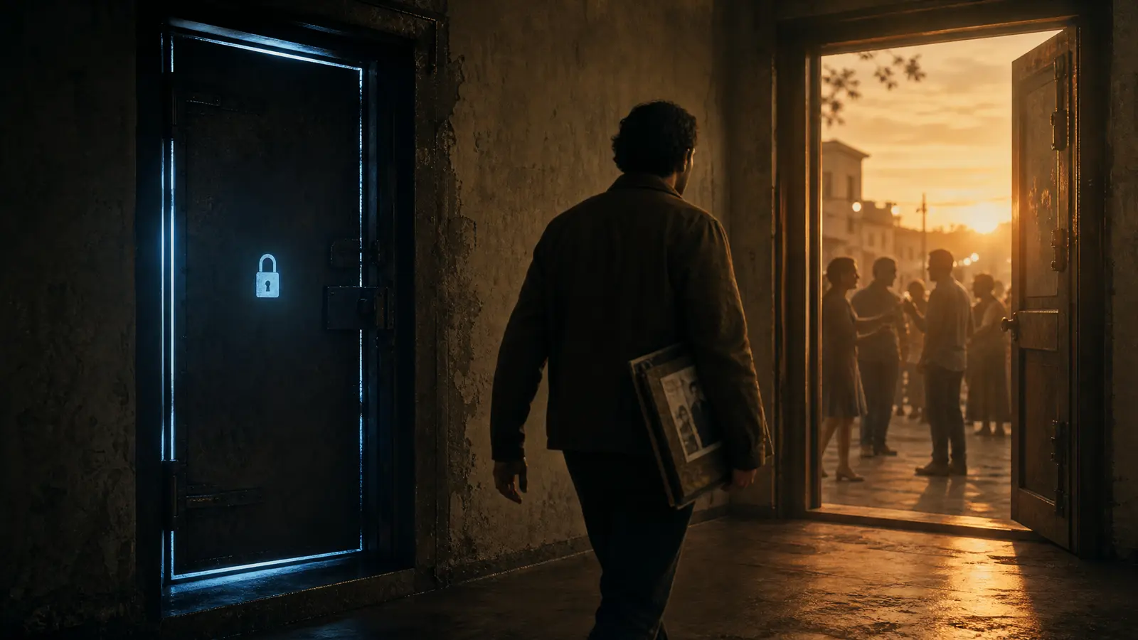 A closed door with a Facebook-blue glow on one side and an open door flooded with warm light on the other, symbolizing leaving Meta for X.