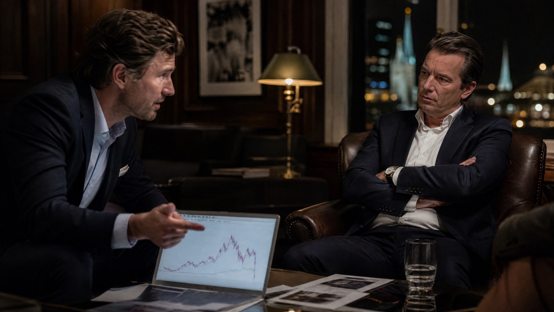 Two investors disagreeing over a Bitcoin price chart in a Zurich office at night