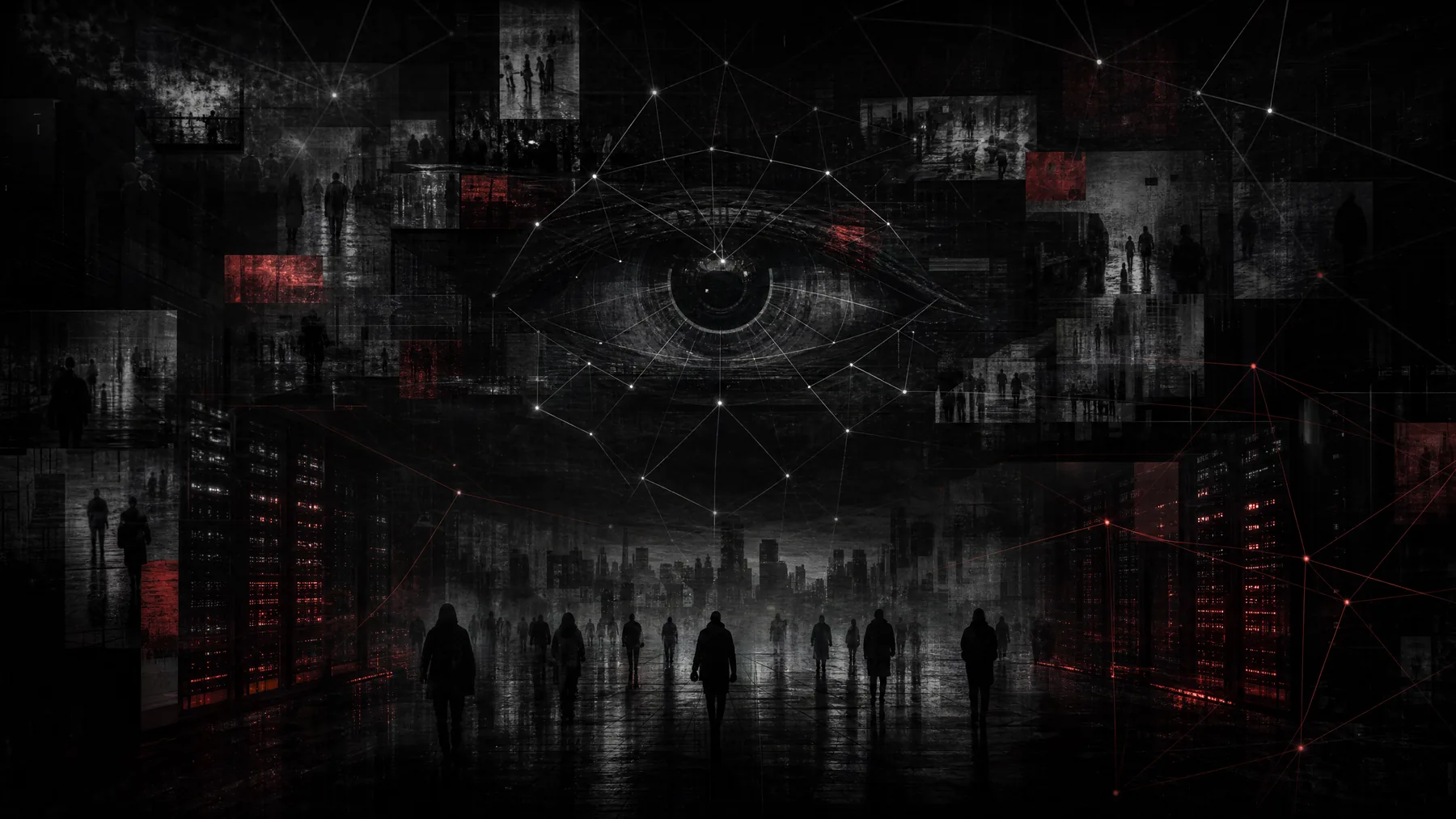 Abstract dark digital surveillance network with anonymous figures