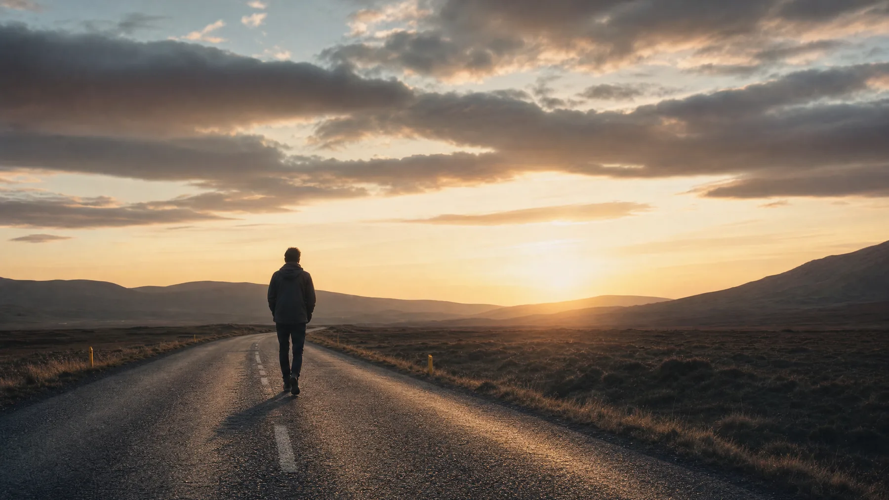 Solitary person walking an open road toward the horizon
