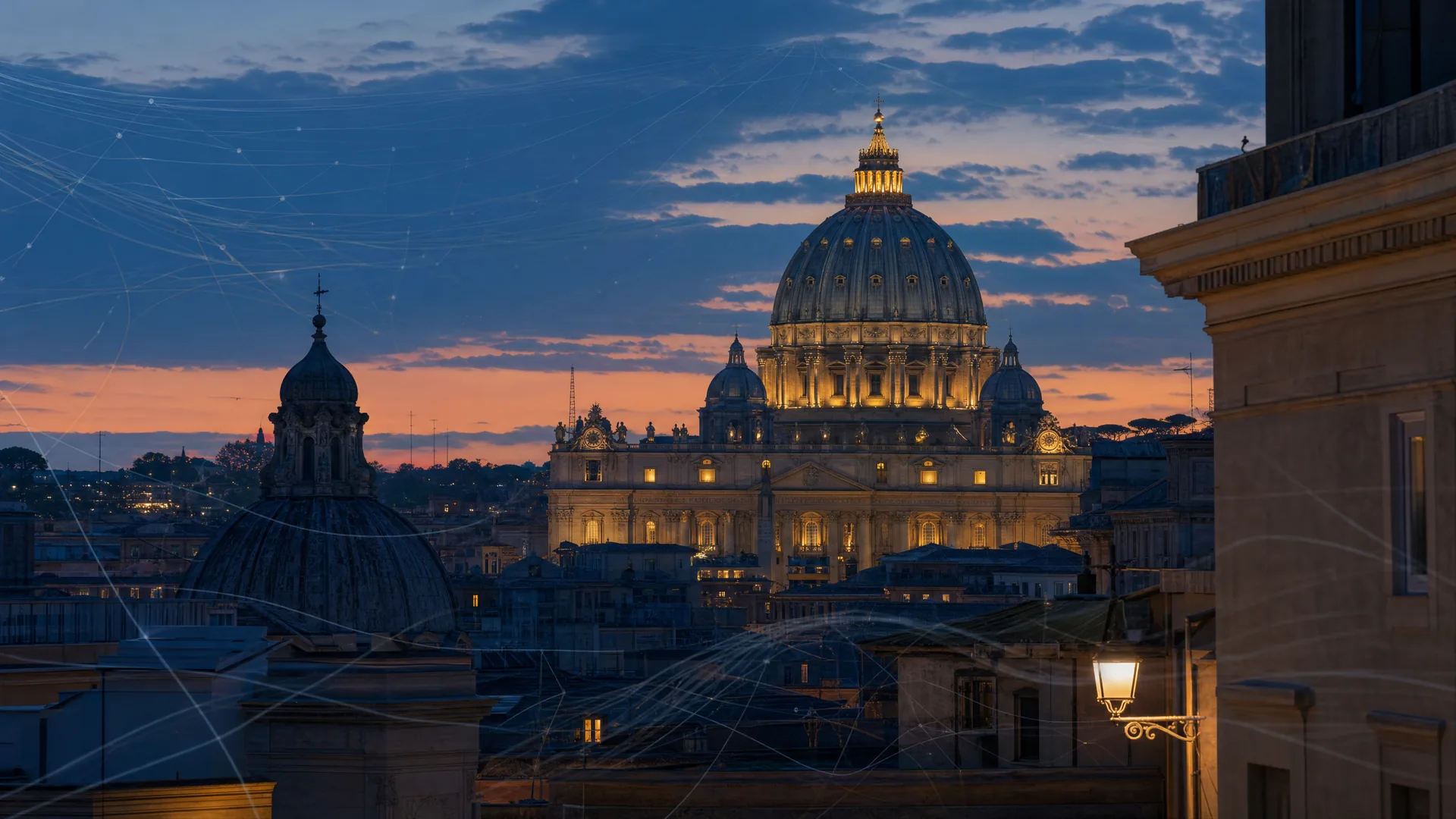 St Peter’s Basilica at dusk with subtle data lines above the Vatican skyline, evoking Catholic social teaching in the age of artificial intelligence