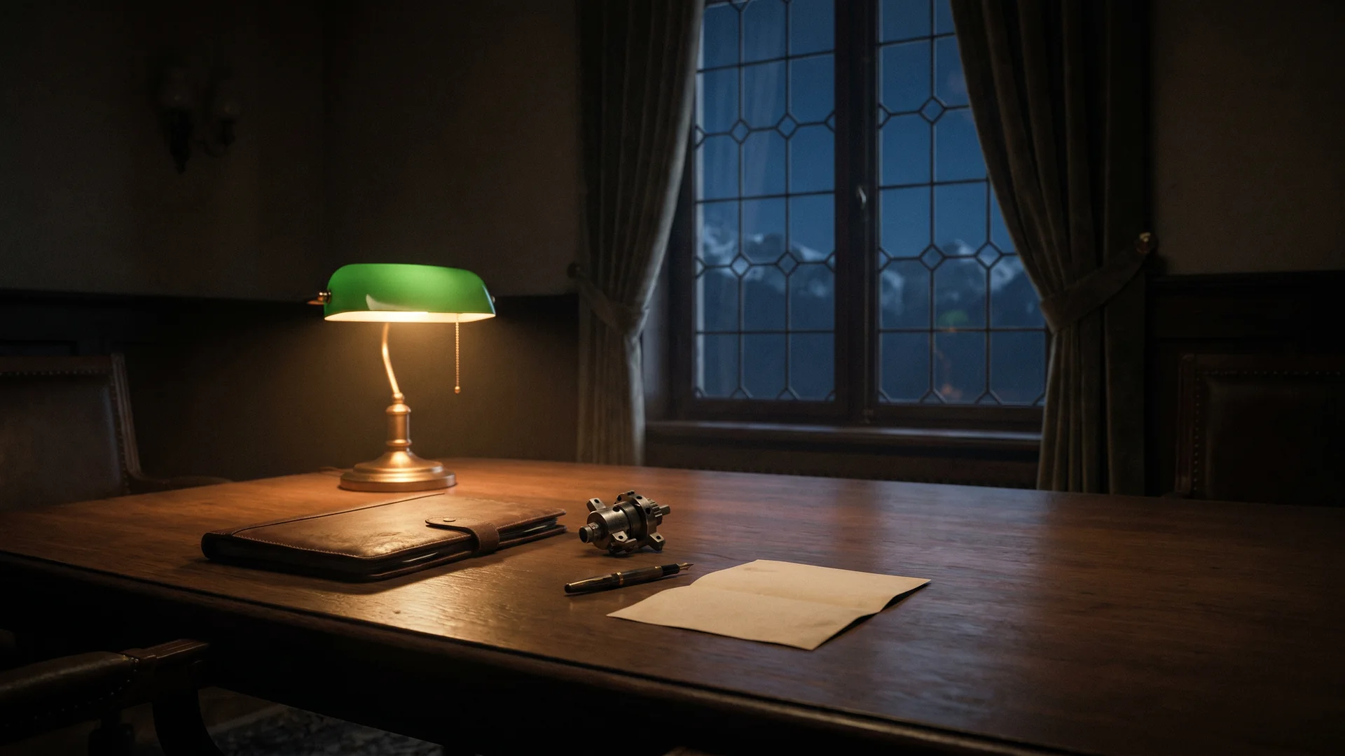 A dimly lit 1930s boardroom with an industrial magneto and Swiss financial documents on the table, evoking quiet foresight before a storm.