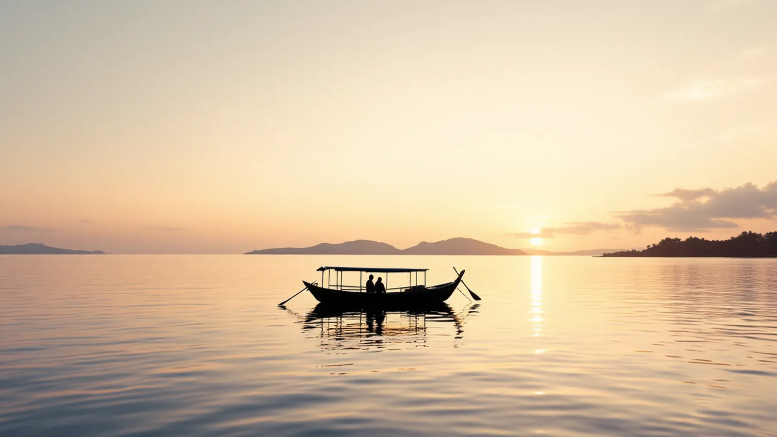 Outrigger boat at dawn on a calm sea in the Philippine islands