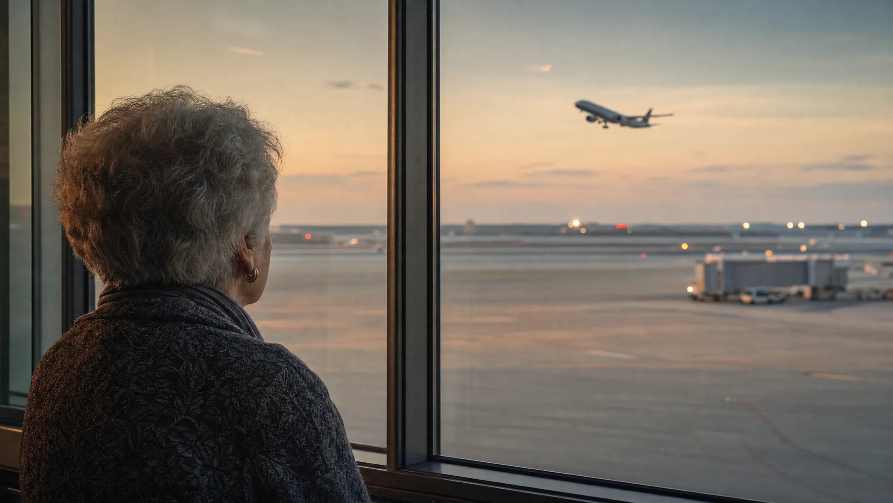 Older parent watching an airplane depart through an airport window