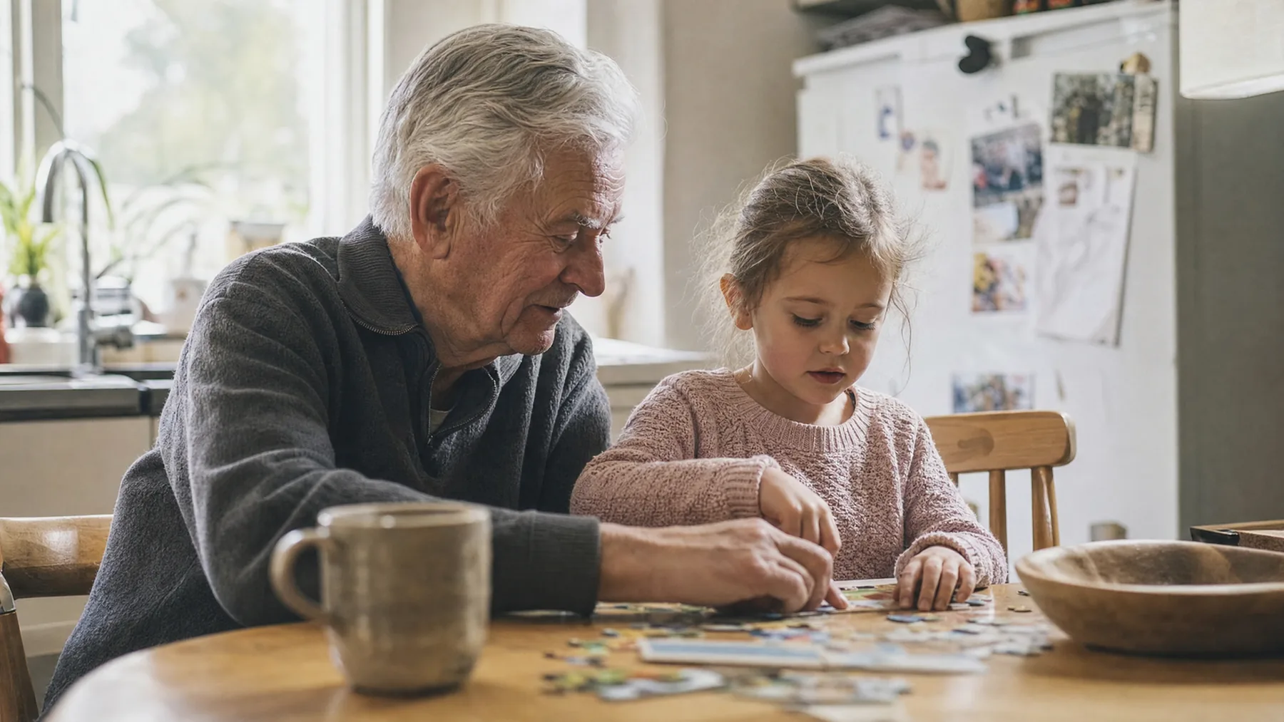 Grandparent and grandchild sharing an everyday family moment at home