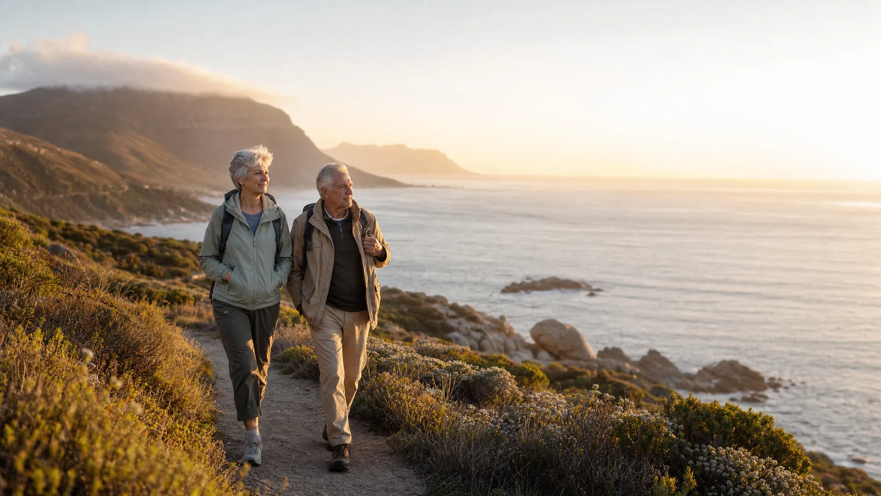 Active older couple walking a coastal path abroad at sunrise