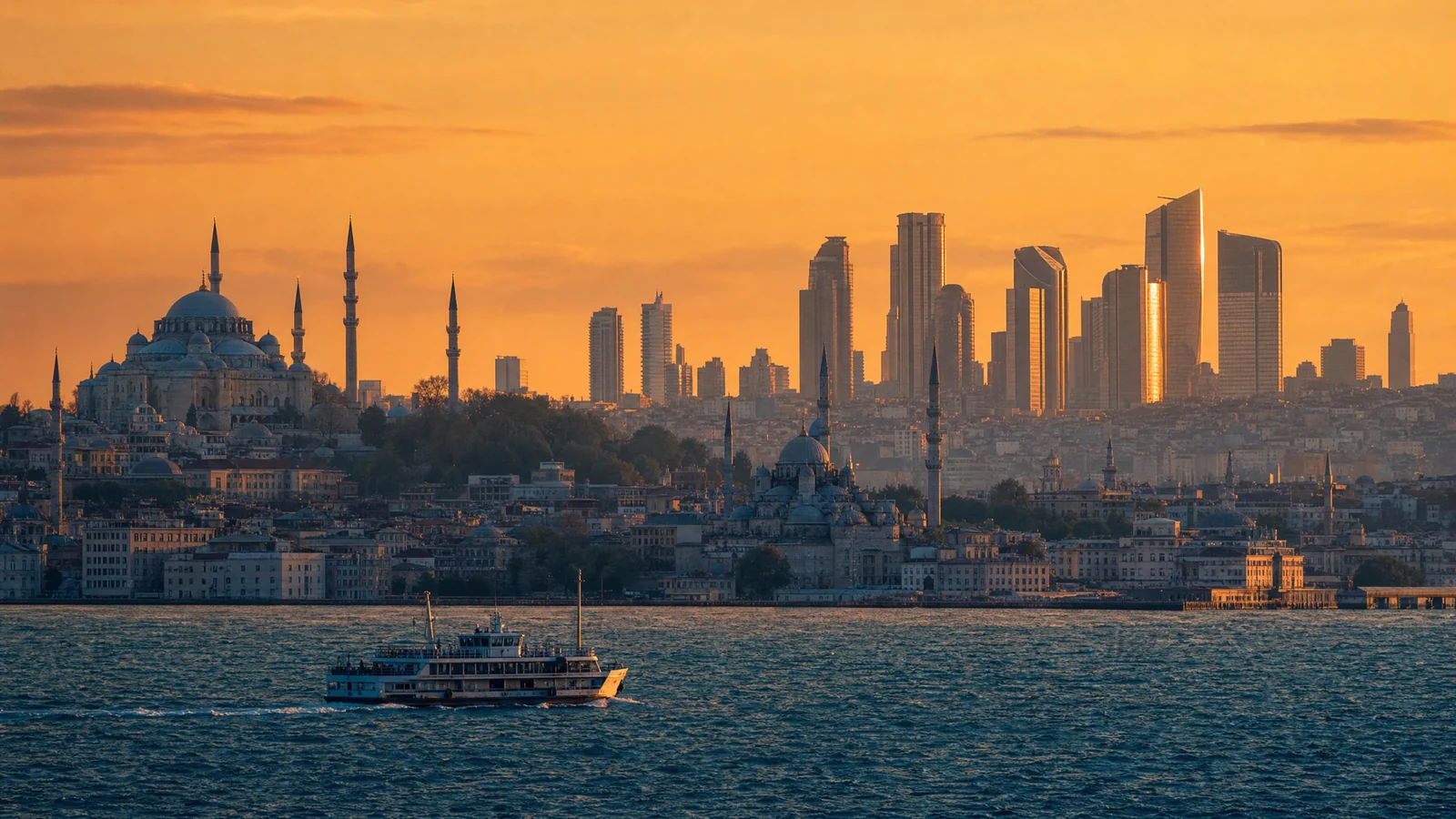 View across the Bosporus at golden hour with Istanbul's skyline, minarets and modern finance towers rising together, ferry crossing the strait