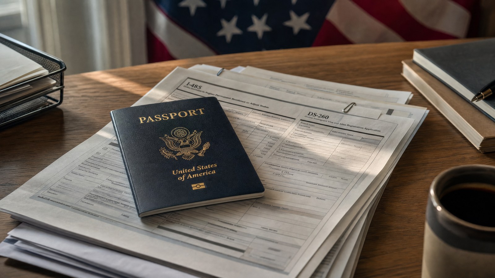 U.S. passport resting on immigration paperwork with a faded American flag in the background, symbolising tightened access to permanent residency