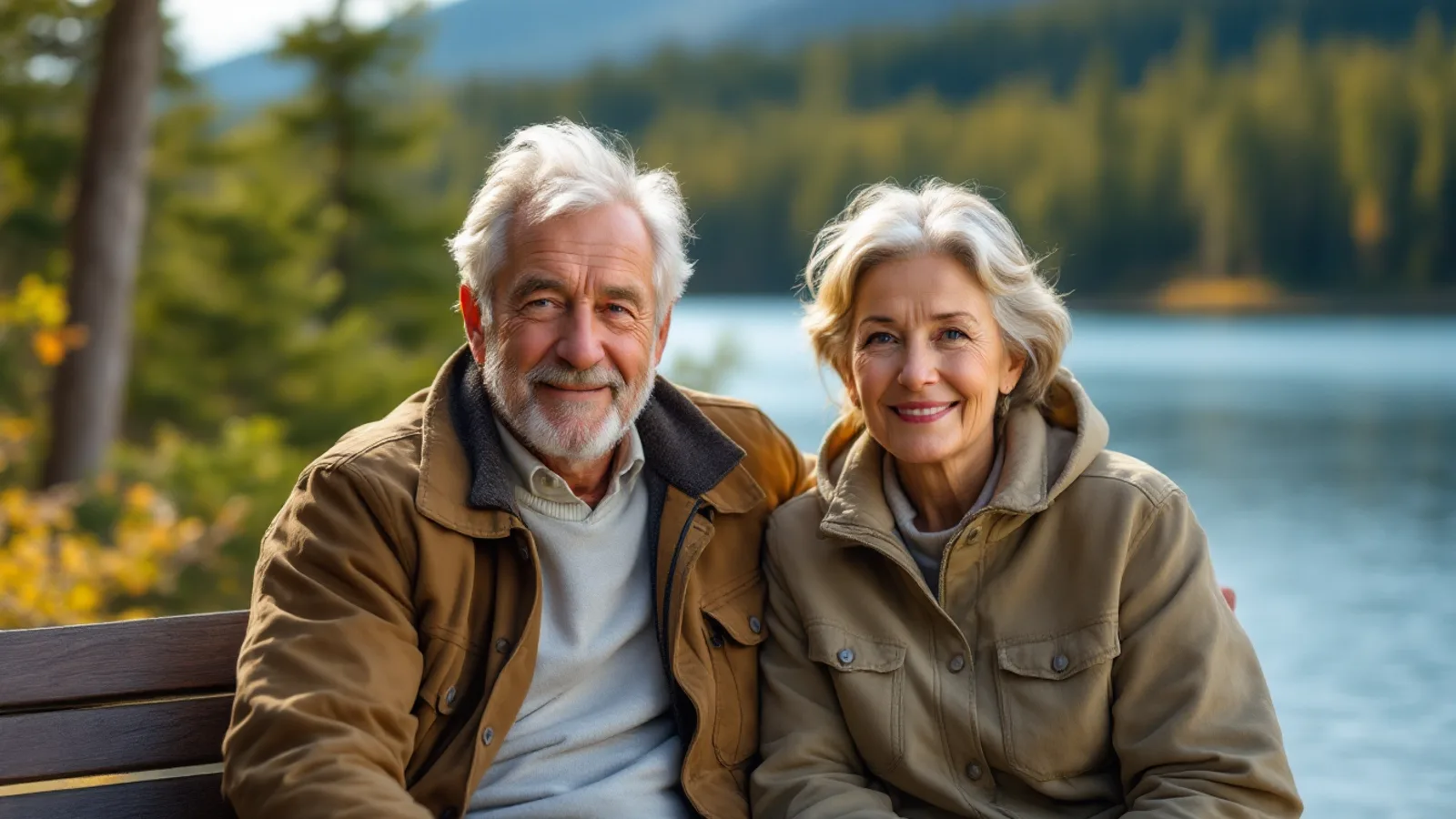 An older couple on a lakeside bench in a sunny forest landscape, looking into the camera