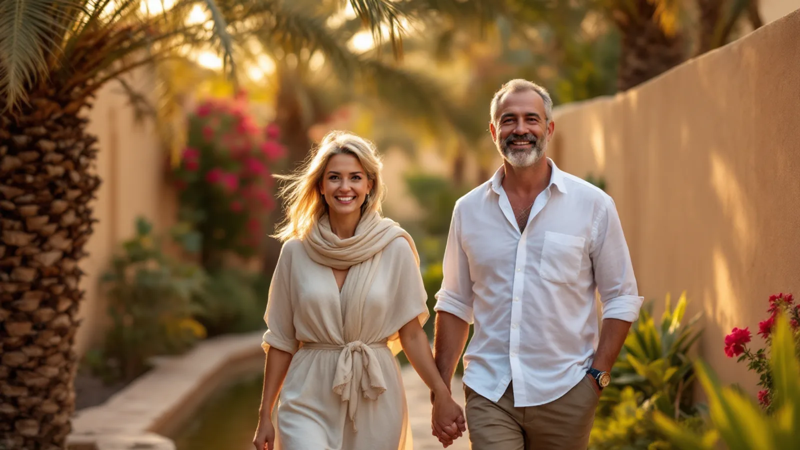 A smiling couple walk hand in hand through a sunlit date palm garden beside a narrow stone water channel.