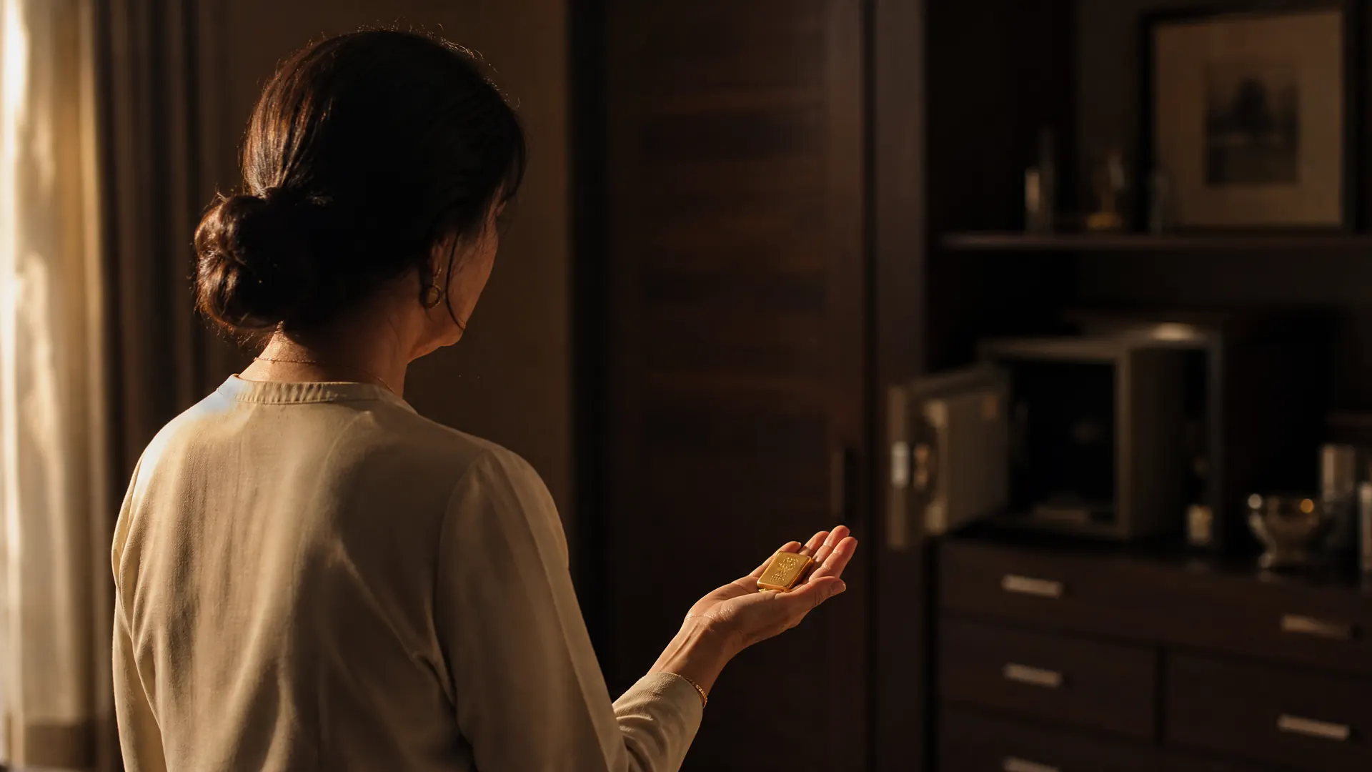 A woman alone in a quiet room holds a single gold coin in her open hand, deciding what to do.