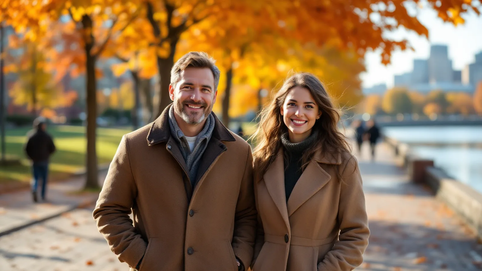 A smiling man and woman in autumn coats walk along a riverside promenade lined with red and gold maple trees.