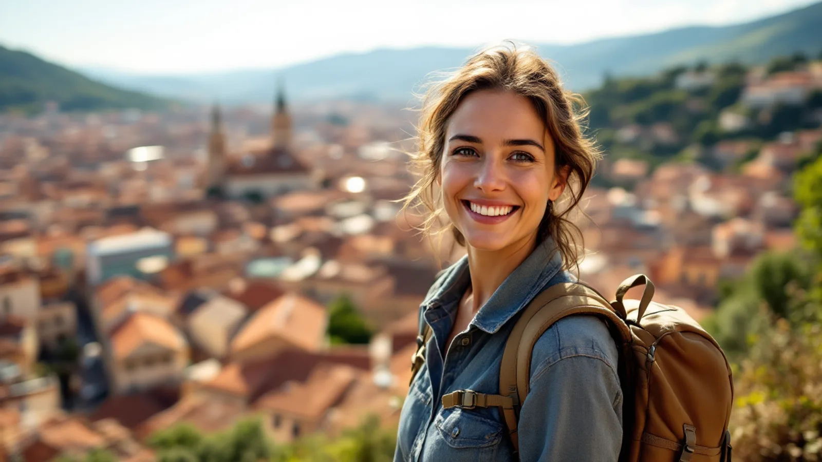 Confident woman on a sunny hillside viewpoint above a terracotta-roofed old town