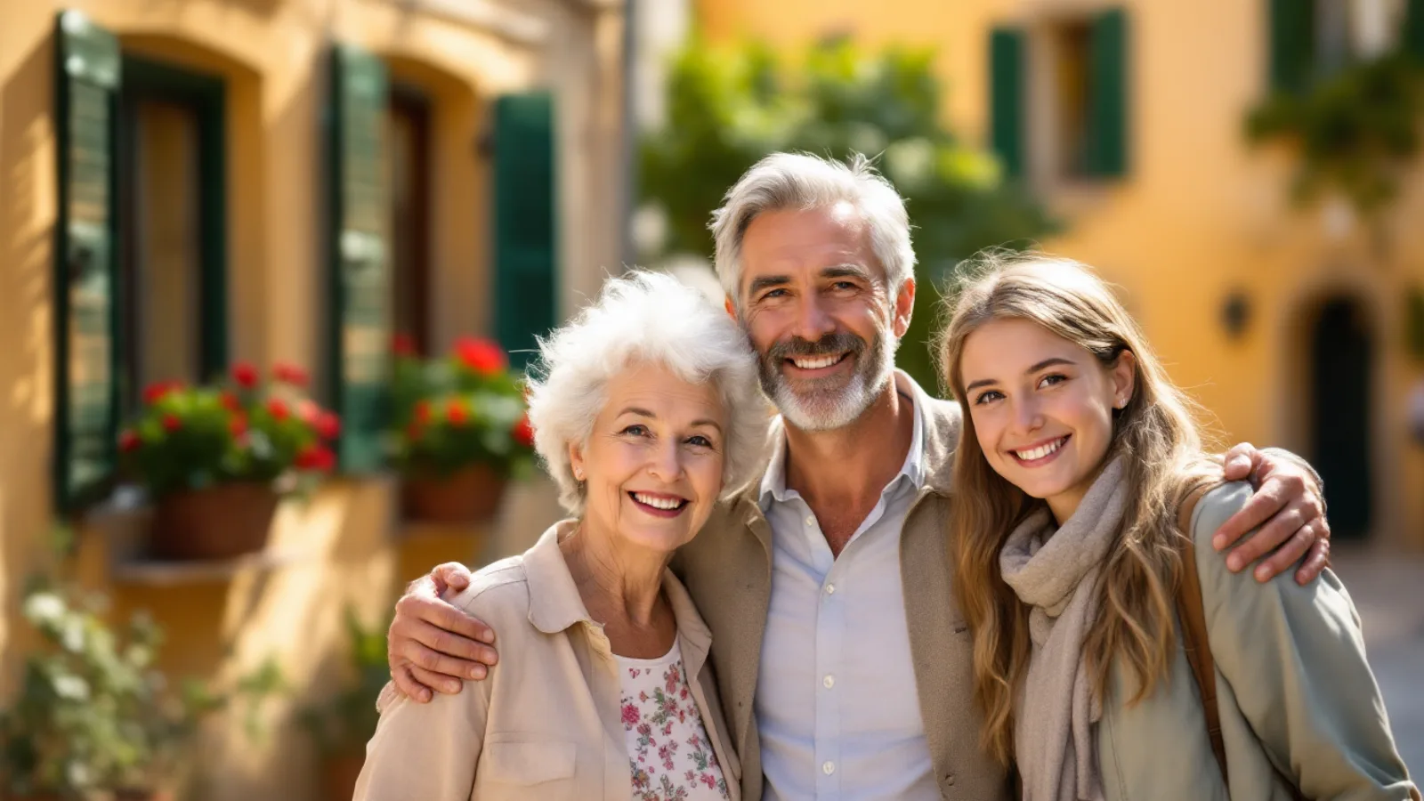 A grandmother, a father and a teenage daughter smile at the camera together in a sunny town square.