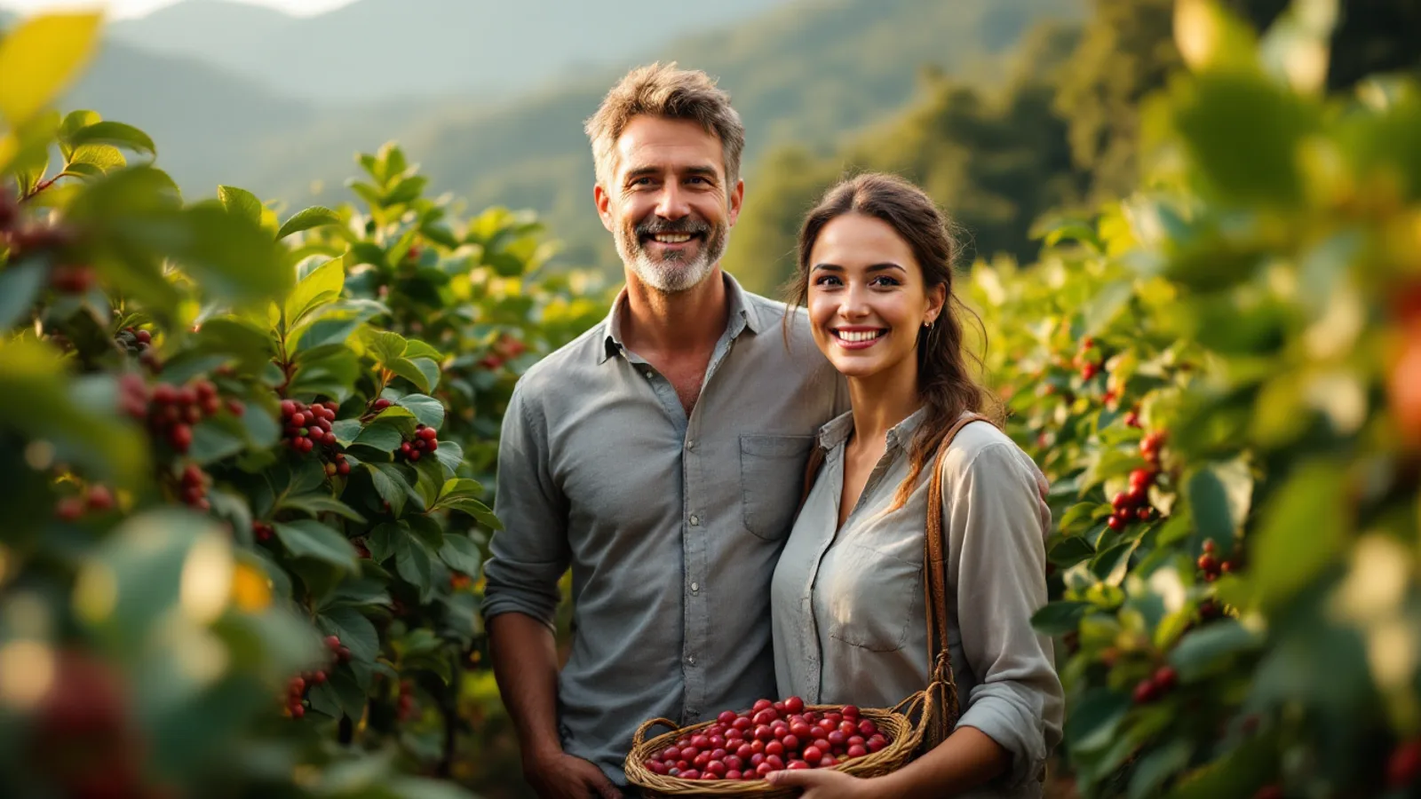 A man and a woman smile toward the camera between coffee shrubs heavy with red cherries on a green tropical hillside farm.