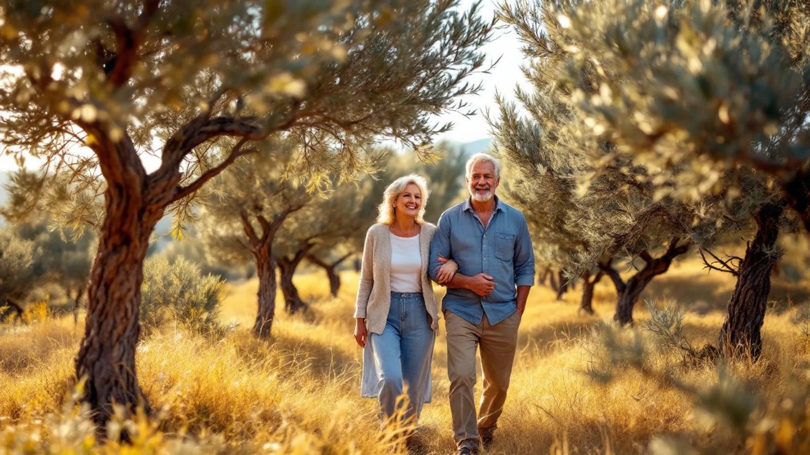 Smiling retired couple on a sunny hillside terrace above the sea