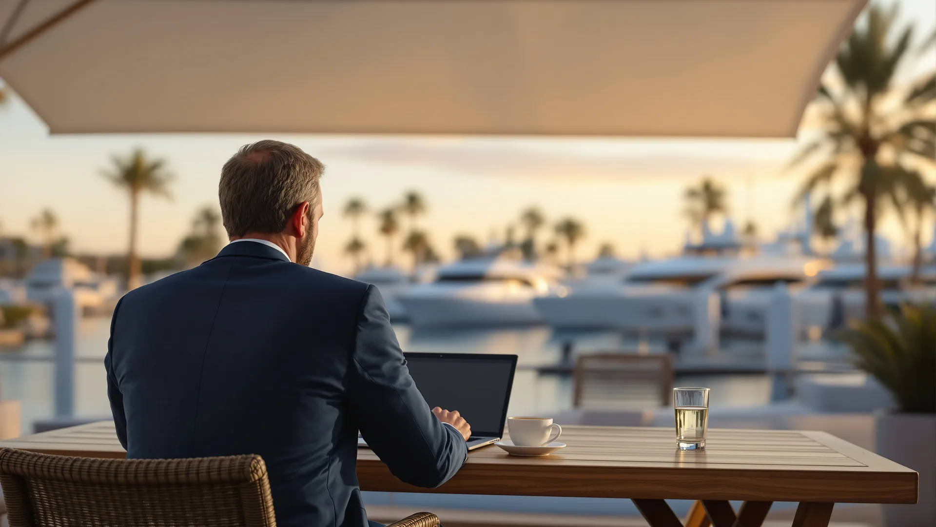 Investor studying stock charts on a laptop at a desk overlooking a marina at dusk.