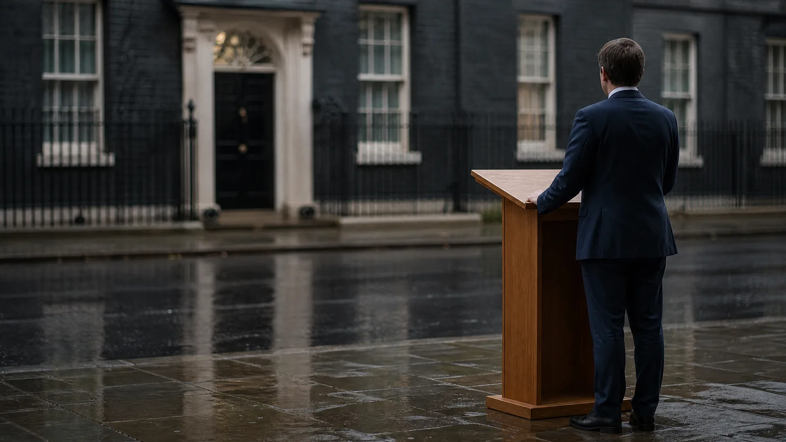 A solitary prime ministerial figure at a lectern outside a Downing Street style door on a grey morning, seen from behind.