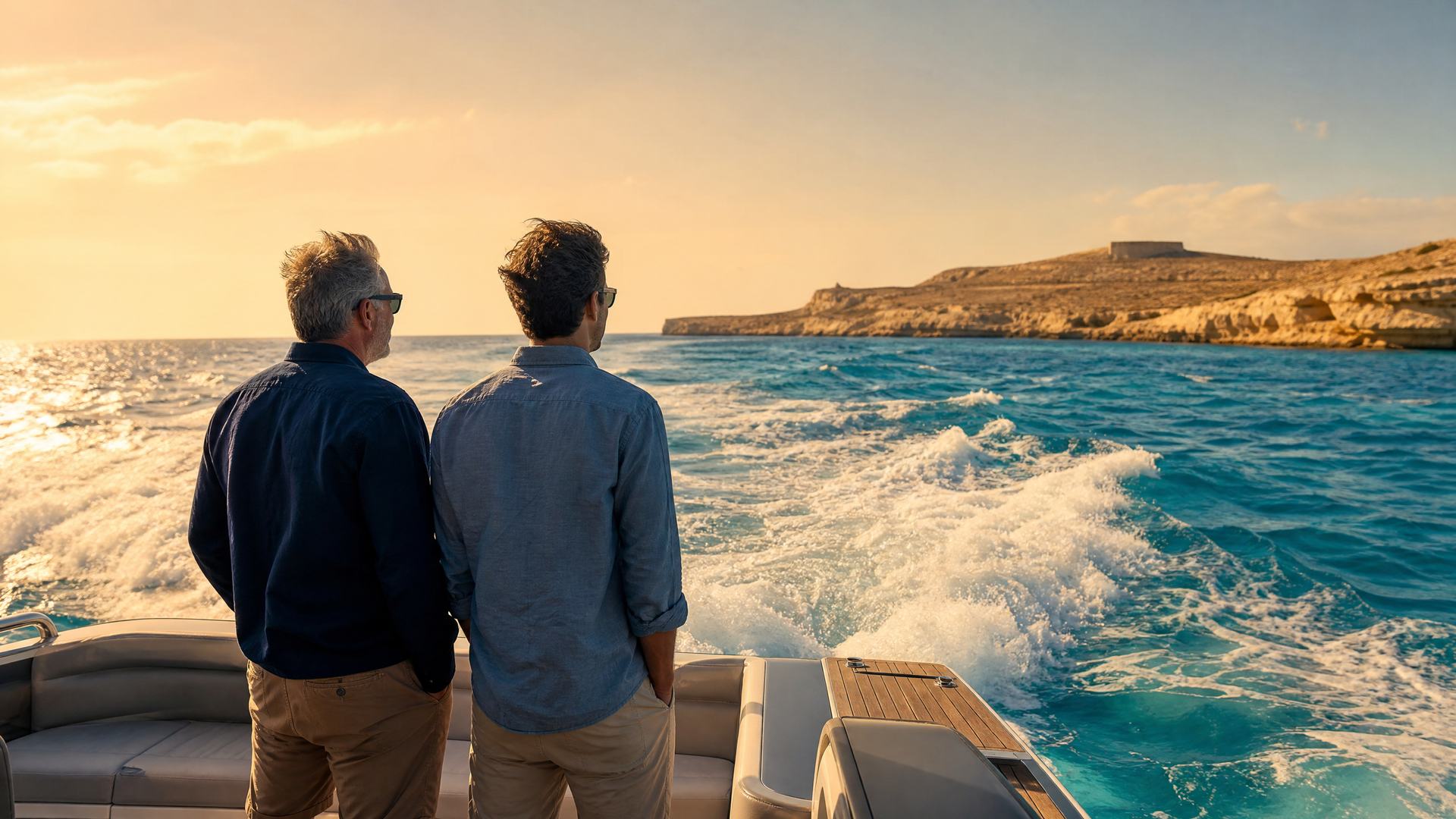 A father and his adult son at the stern of a motor boat off Malta, looking out toward Comino and turquoise sea.