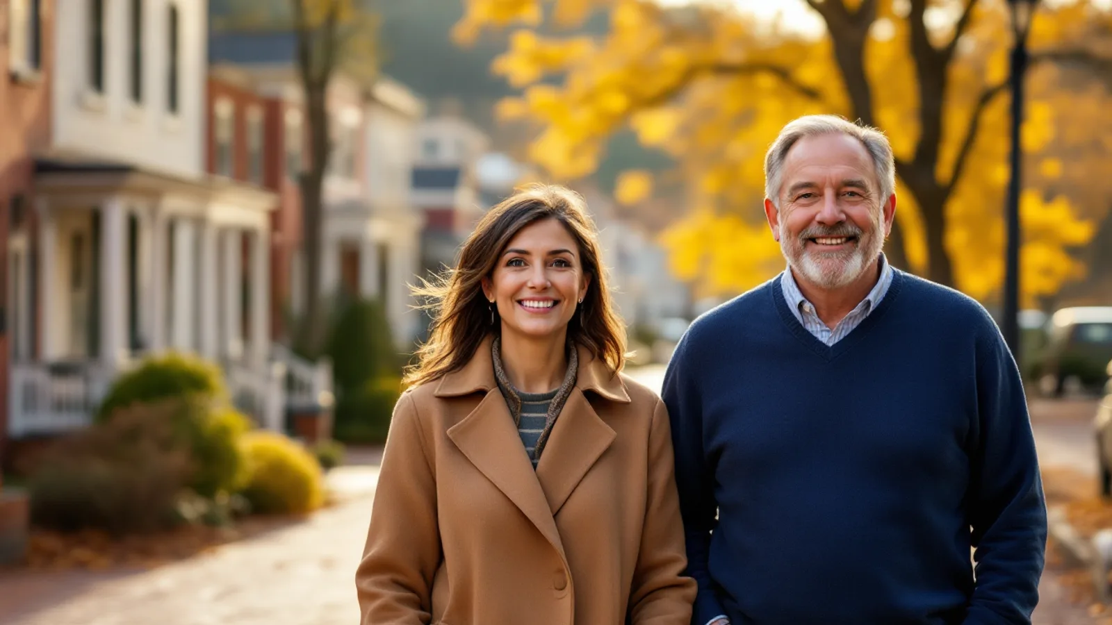 A smiling woman and man walk toward the camera on a brick sidewalk in a small town lined with autumn maples.