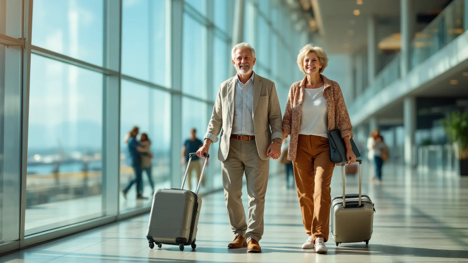 A smiling older couple pull carry-on cases through a bright glass-walled terminal hall.