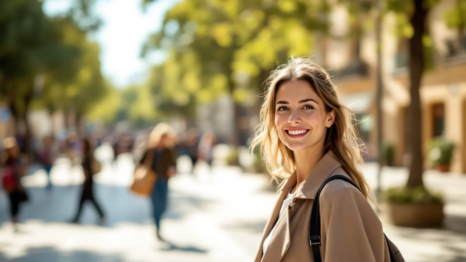 Young professional woman smiling on a sunny city plaza on her way to work