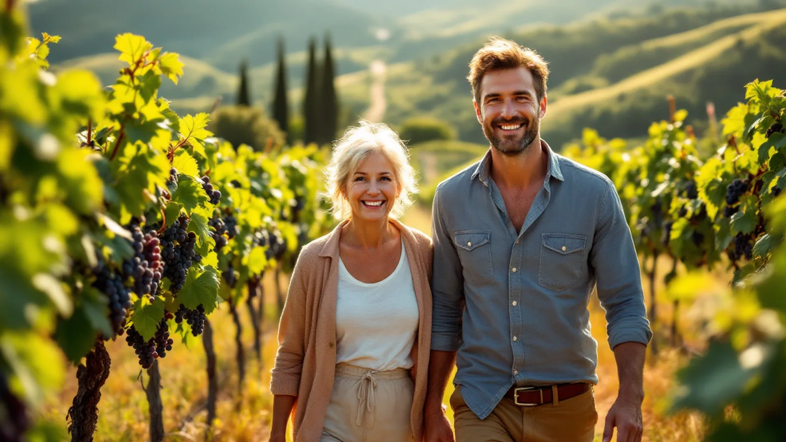 Smiling couple walking arm in arm through a sunny old-town square in southern Europe