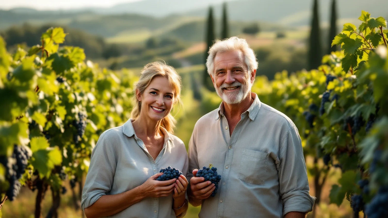 A smiling couple in their sixties hold bunches of dark grapes between vine rows in a sunlit hillside vineyard with cypress trees and soft hills behind.