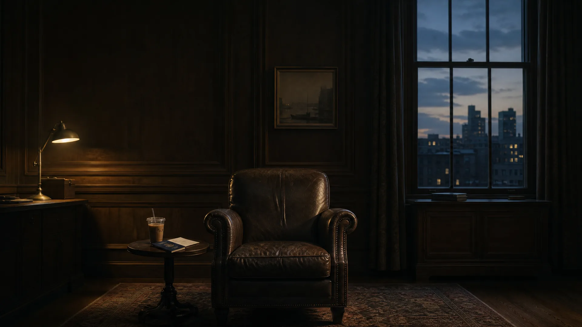 An empty armchair in a dim study at dusk beside a passport and an unread letter, the quiet aftermath of an exit tax bill.