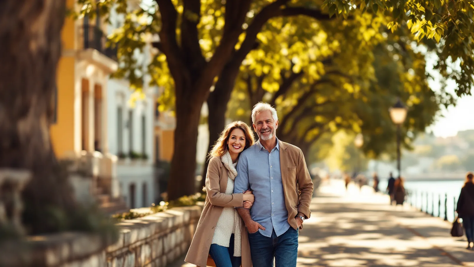A smiling couple in their late forties walk arm in arm along a sunny riverside promenade under tall plane trees.