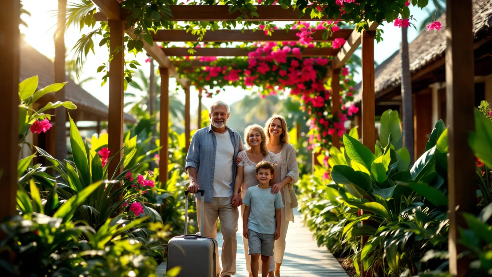 A smiling family of three generations with light luggage stands on the sunlit garden walkway of a tropical resort under a bougainvillea pergola.