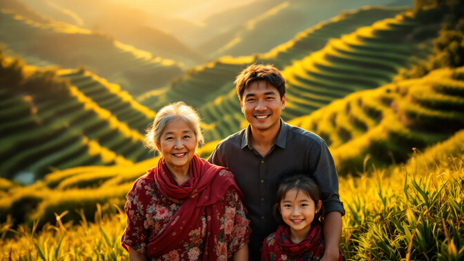 Three generations of a farming family standing on green rice terraces in southern China at golden hour