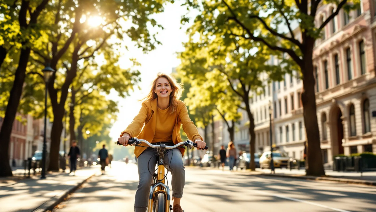 A woman cycling toward the camera along a sunlit tree-lined boulevard in a Central European city