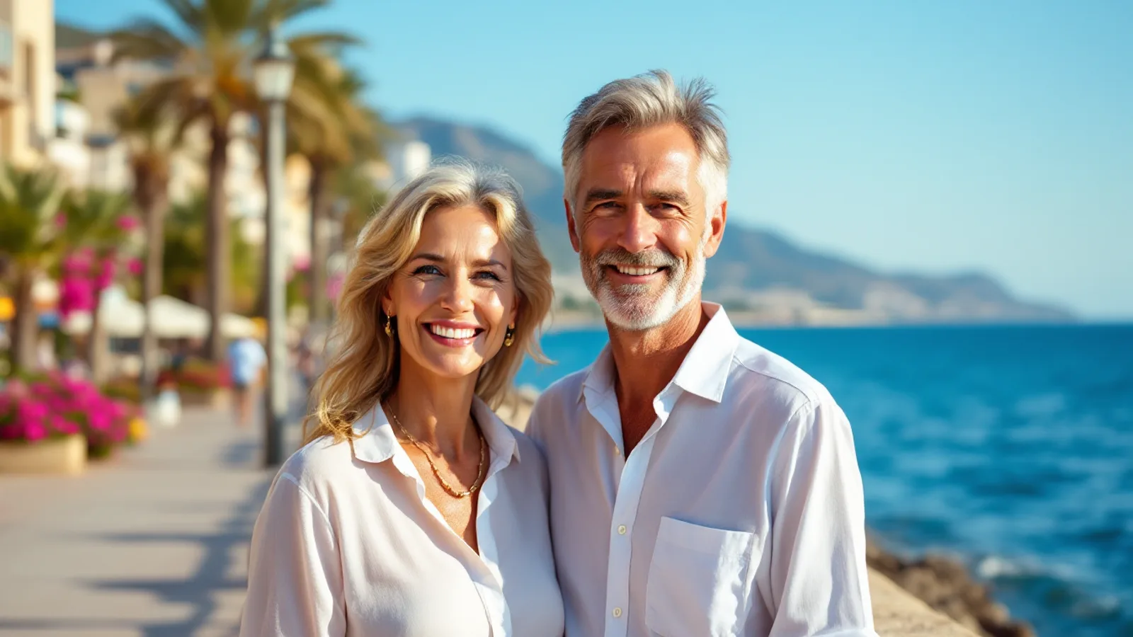 A smiling couple in their fifties in white linen stand on a sunny seafront promenade with palm trees and pink oleander beside the blue sea.