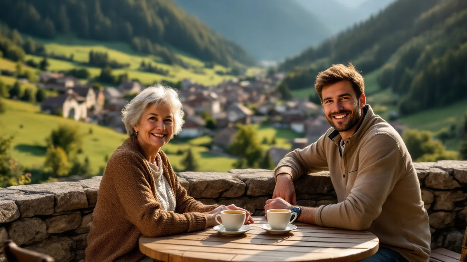 A smiling woman in her sixties and her adult son sit with coffee at a wooden table on a stone terrace above a green mountain valley with a village.