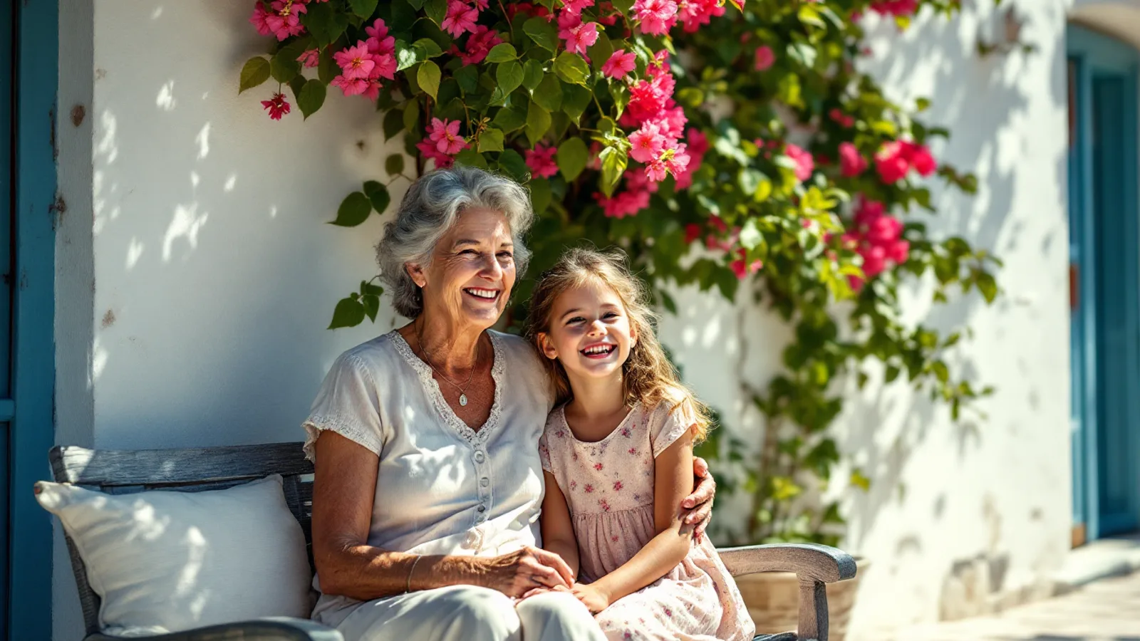 Grandmother and granddaughter laughing together on a sunny Mediterranean terrace