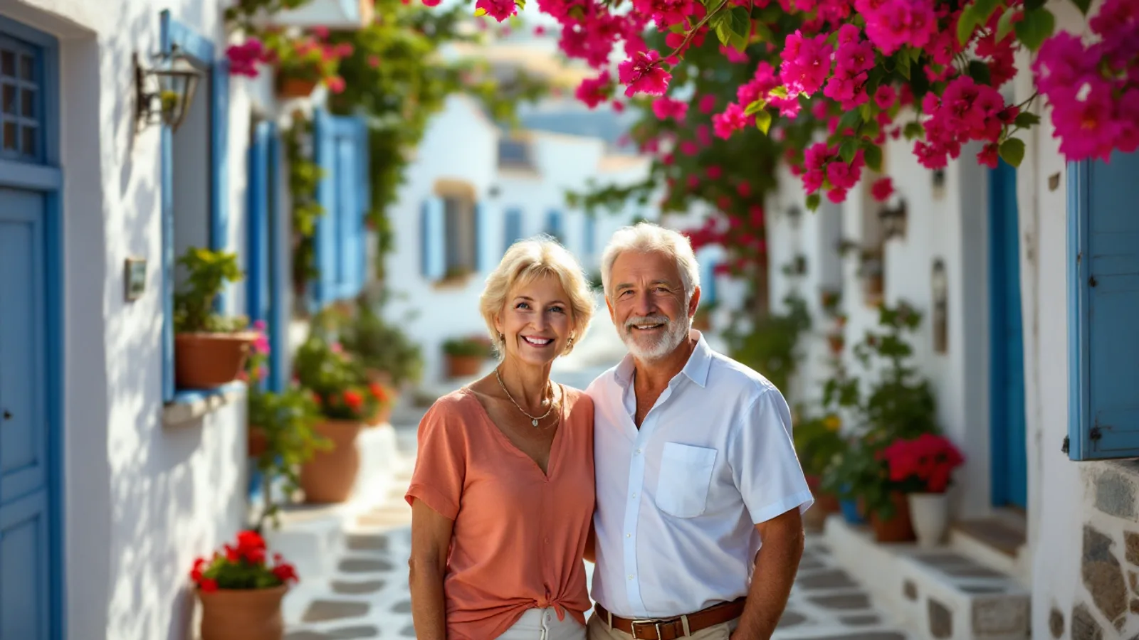 A smiling couple on a whitewashed terrace above a Greek island village and the sea in warm evening light