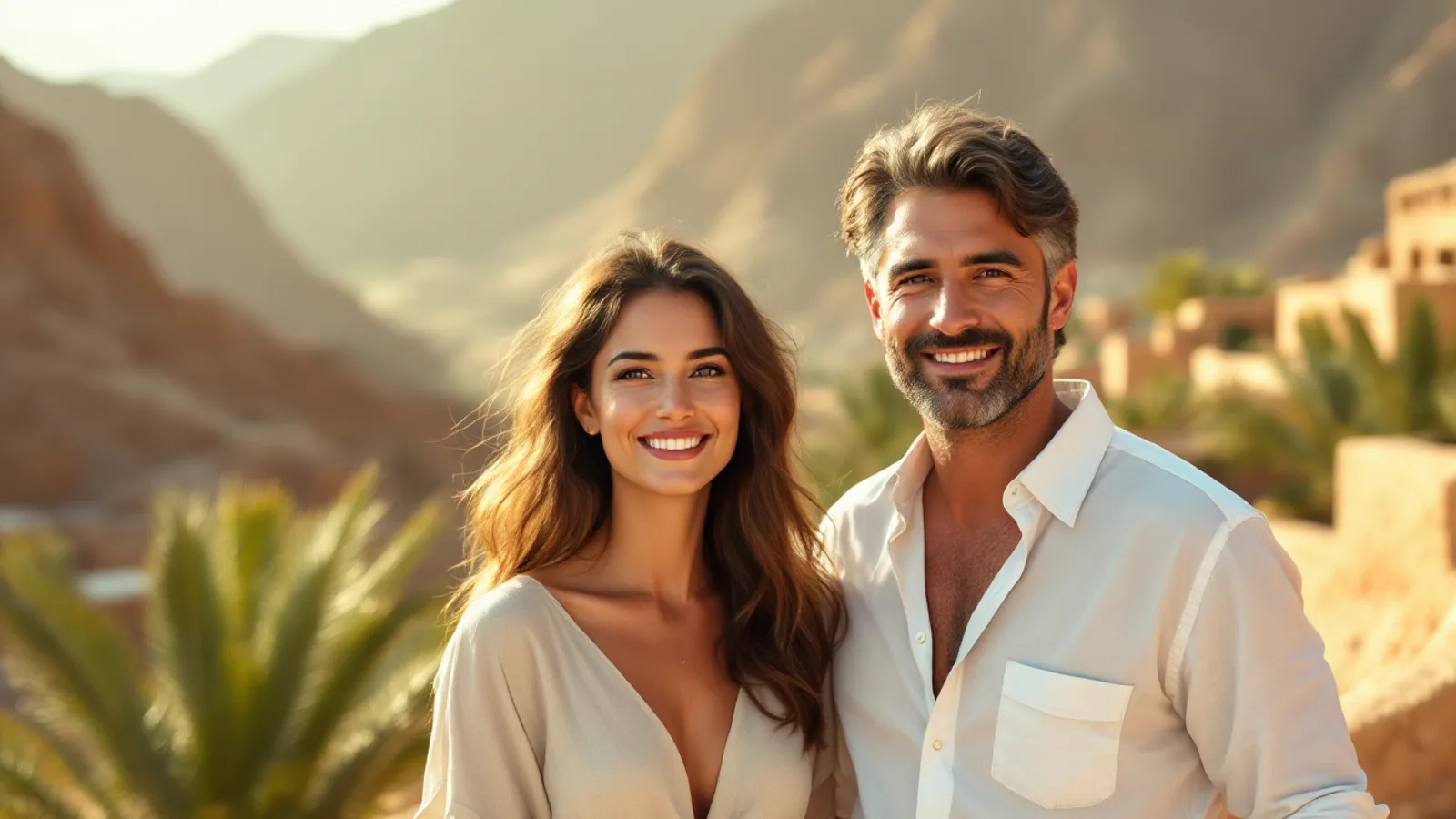 A smiling couple in their early forties stand among date palms in a sunlit mountain village with rugged brown slopes behind them.