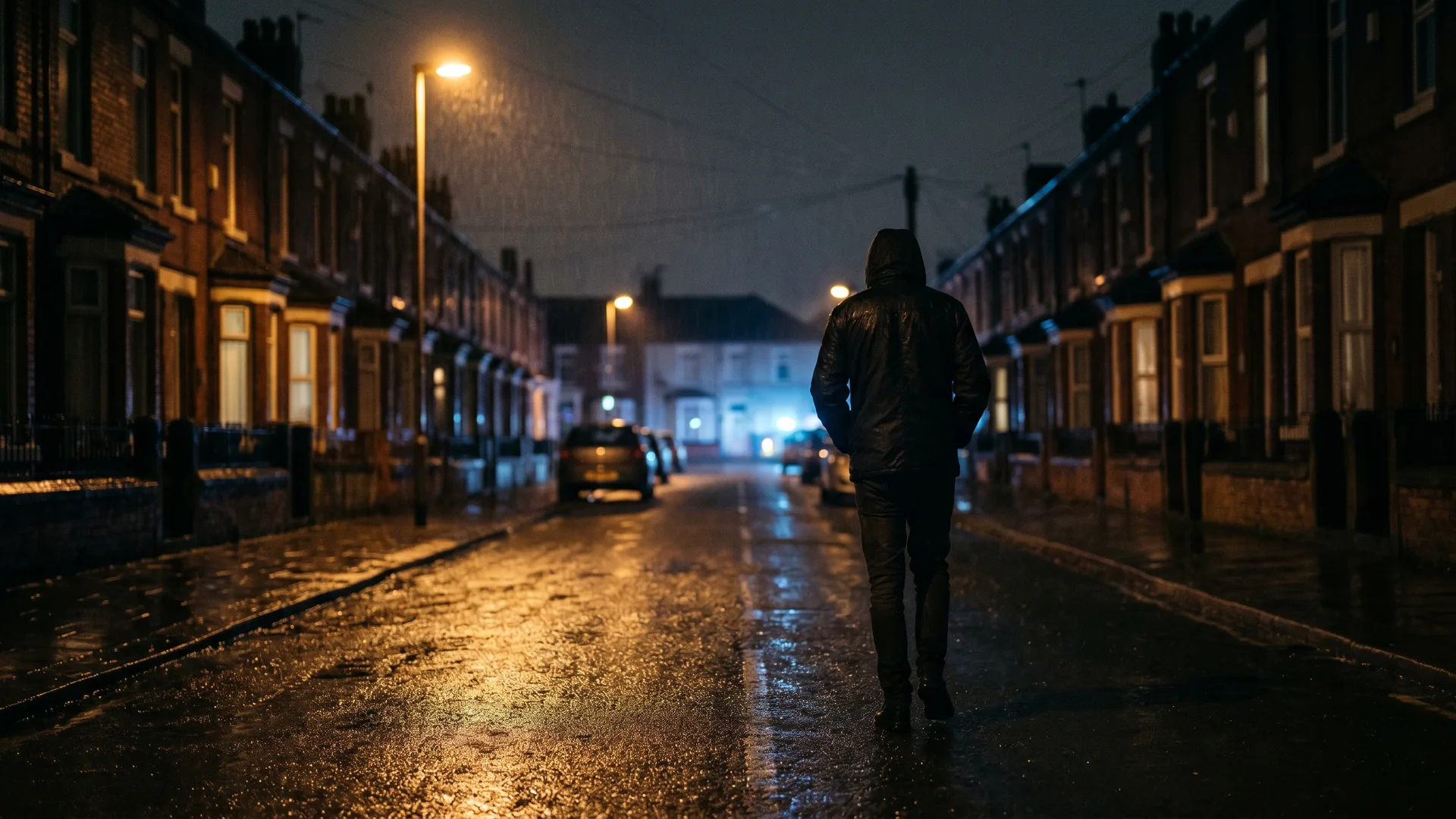 A lone young man walks away under a streetlamp on a wet British street at night, an editorial image illustrating the Henry Nowak case.