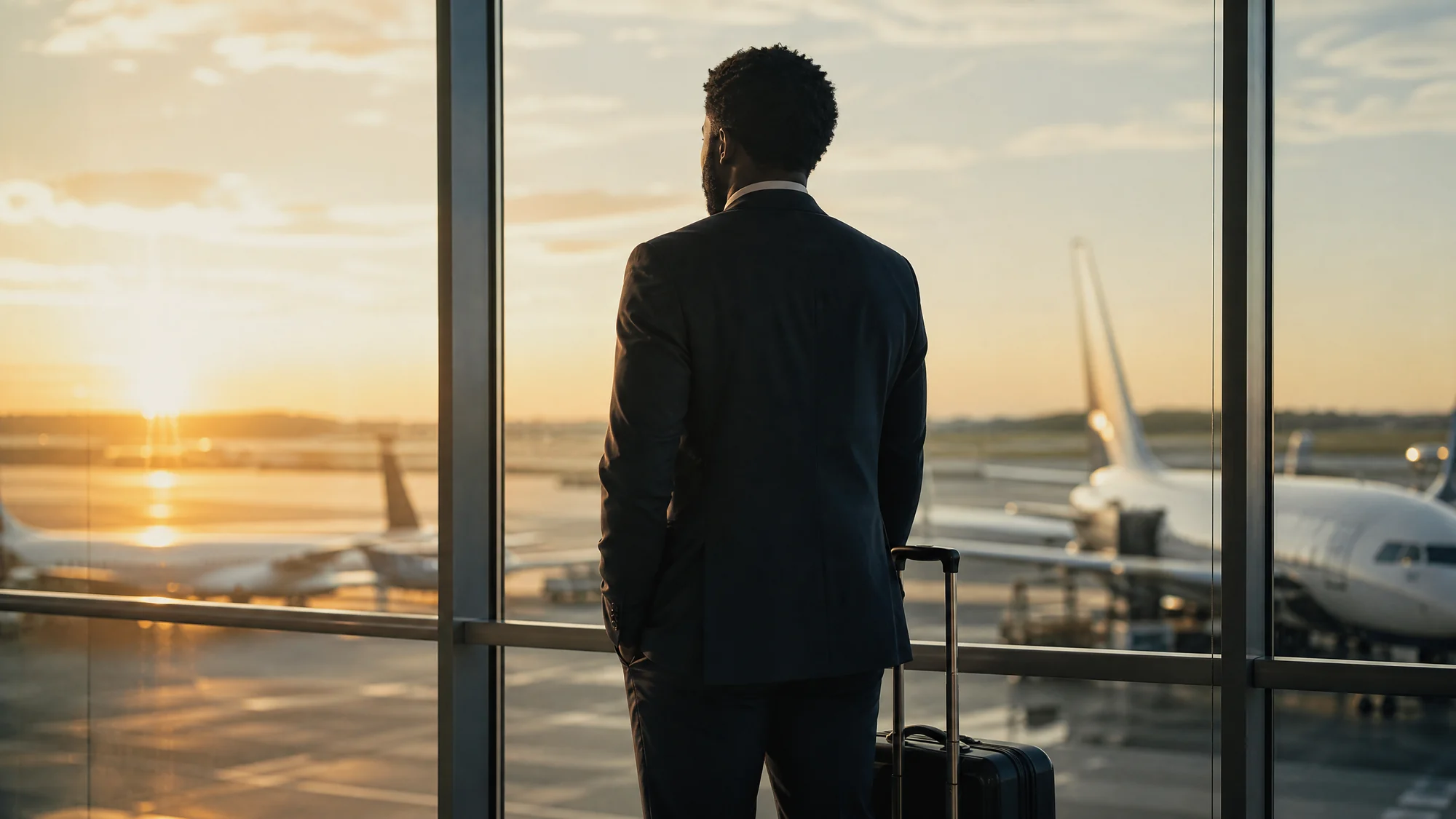 A traveler with a suitcase at an airport departure window at golden hour, looking out toward the open sky.