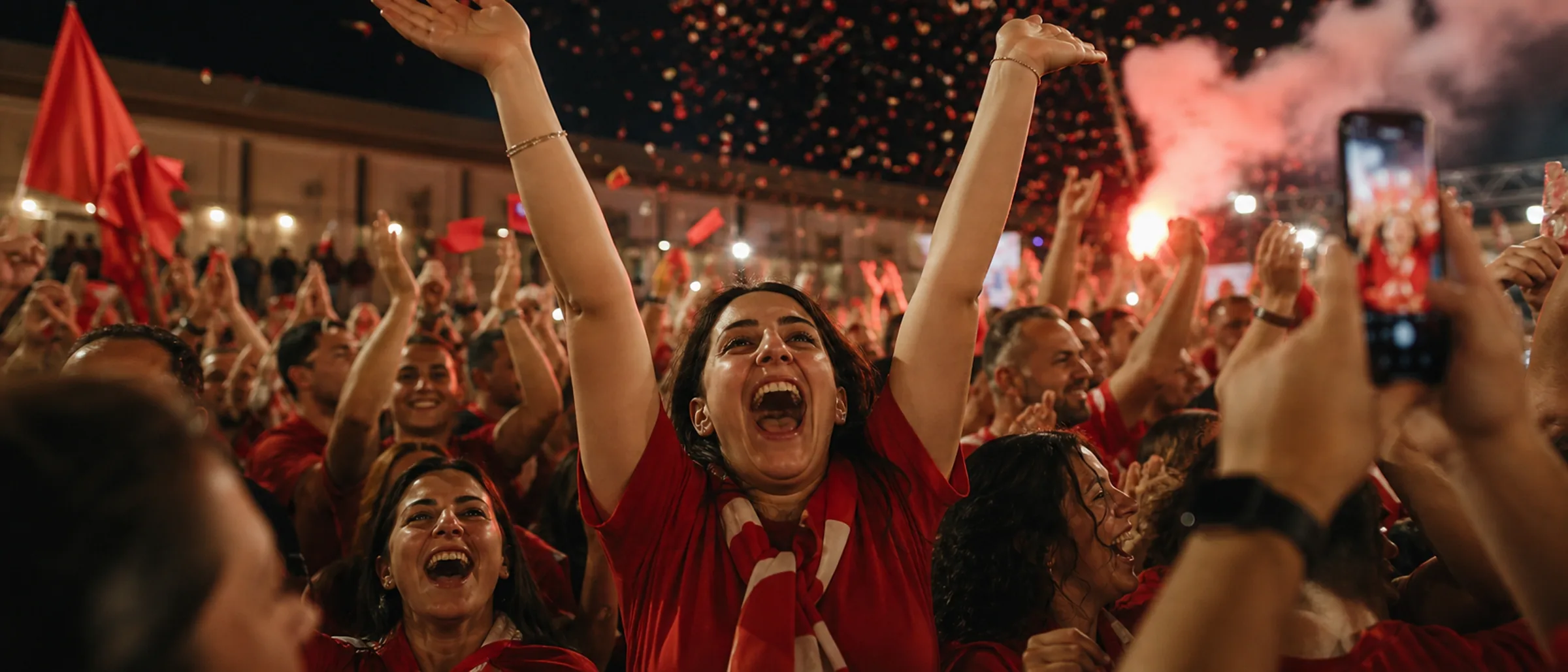 Malta Labour Party supporters in red celebrating the party's fourth consecutive general election victory at the Naxxar counting hall, May 2026.