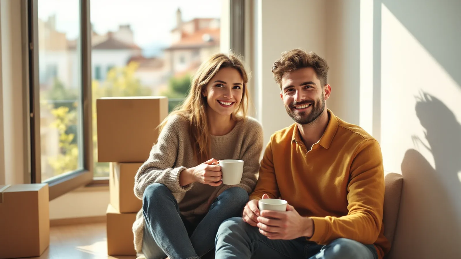Smiling couple sitting among moving boxes in a sunny apartment overlooking terracotta rooftops